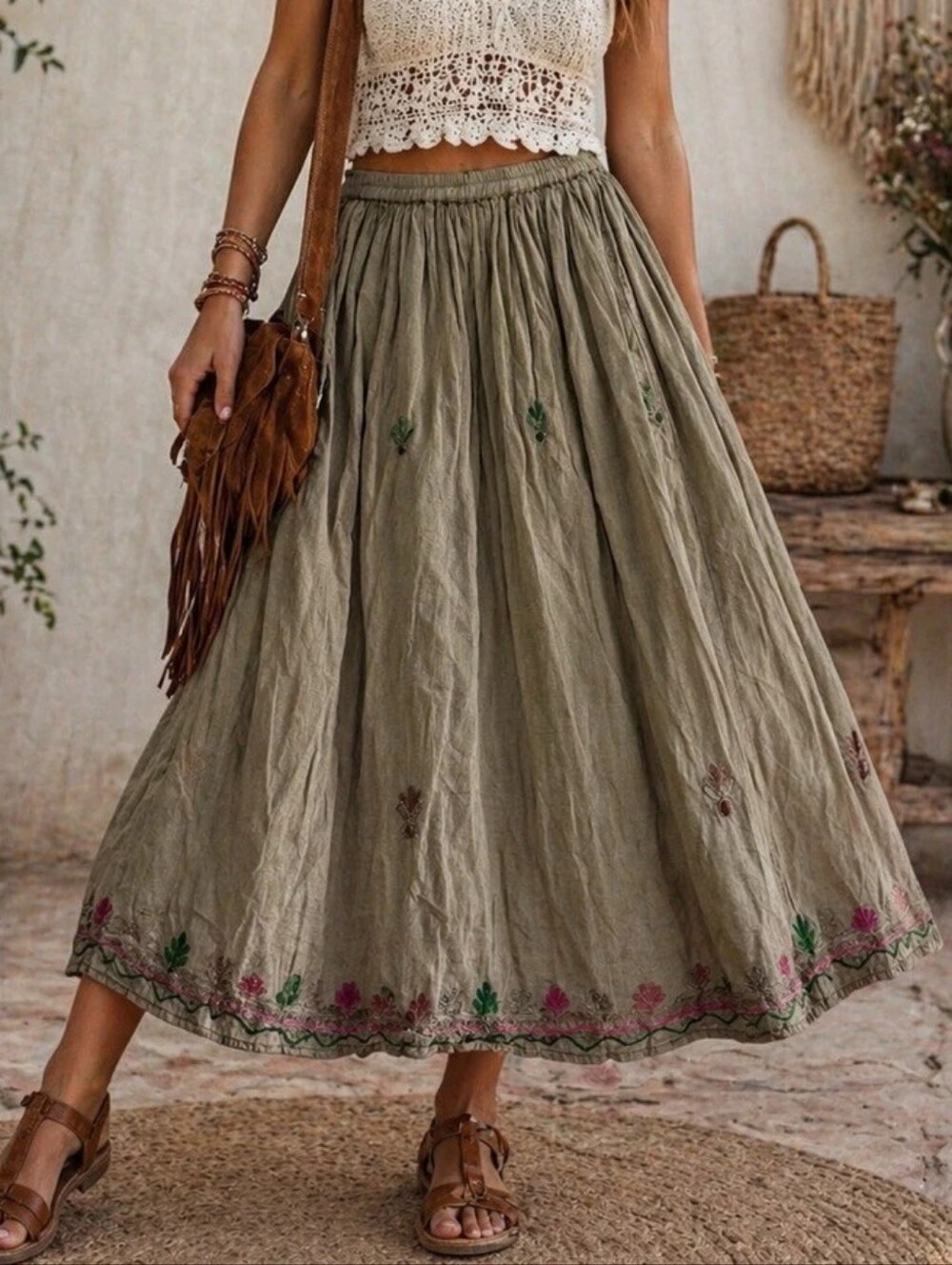 Young Threads Boho Olive Embroidered Maxi Skirt Size Small